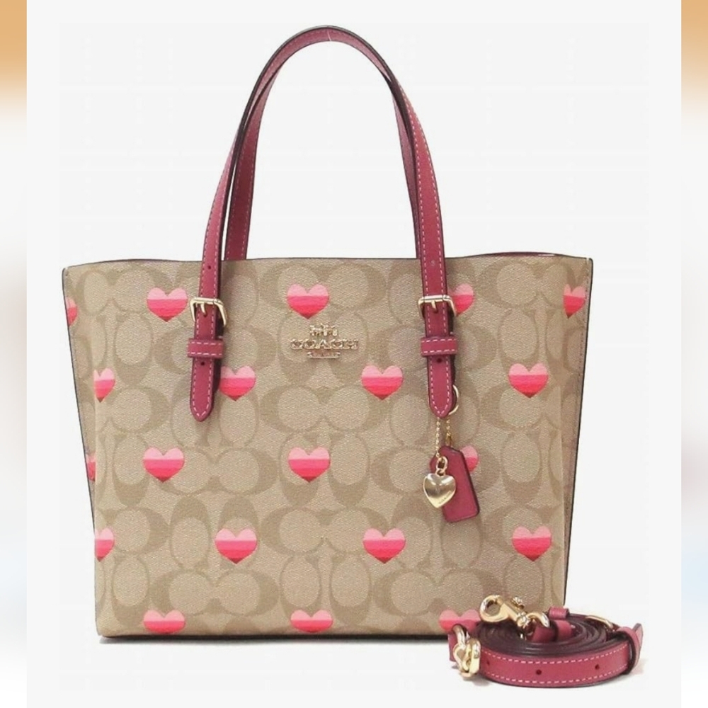 Coach Mollie Red and Pink Hearts Leather Crossbody Tote Bag Valentine's‎ Love